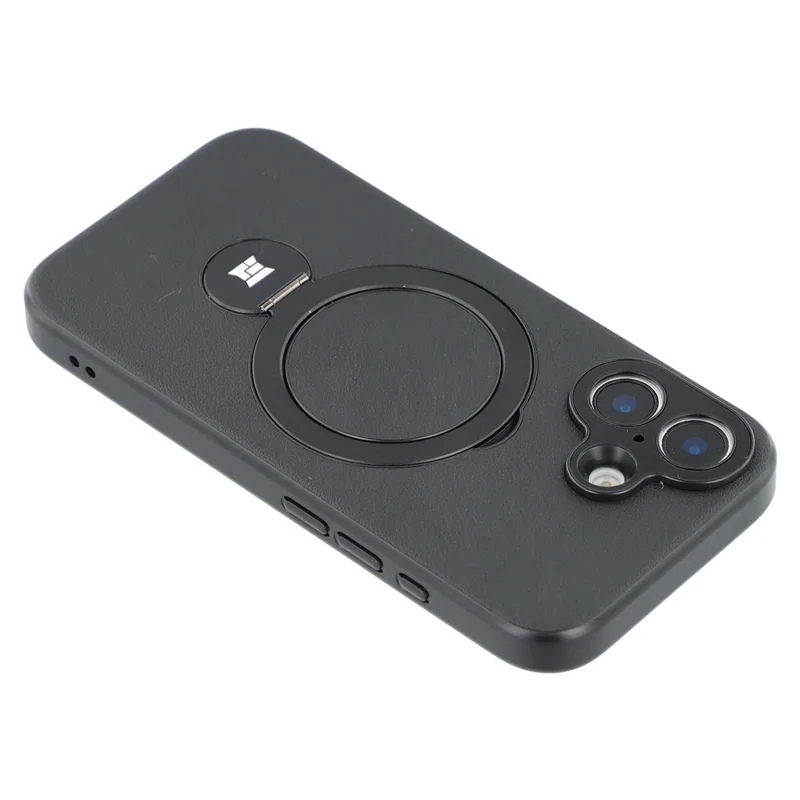 For iPhone 16 Case Kickstand TPU PC Leather Phone Back Cover with AI Button - Black