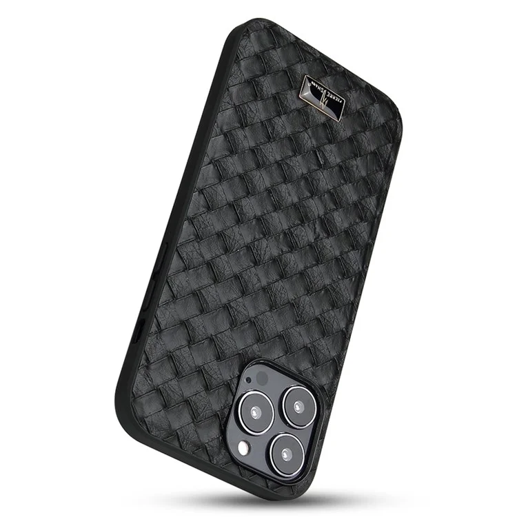 FIERRE SHANN For iPhone 14 Pro Max Hardware Decor Slim Phone Case PU Leather Coated TPU Anti-drop Back Cover - Woven Pattern