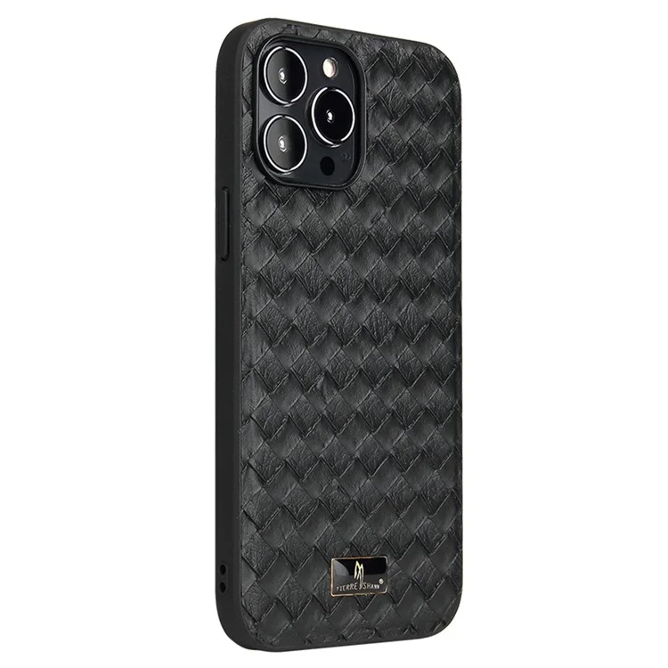 FIERRE SHANN For iPhone 14 Pro Max Hardware Decor Slim Phone Case PU Leather Coated TPU Anti-drop Back Cover - Woven Pattern