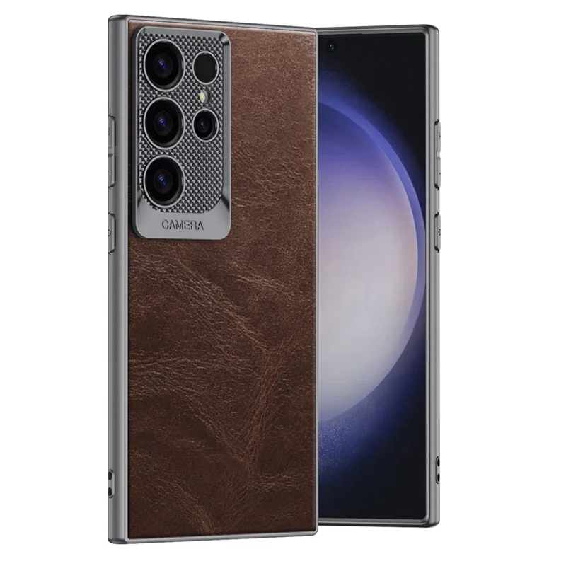 GKK For Samsung Galaxy S23 Ultra Case Waxy PU + TPU + PC Phone Back Cover Dragon Scale Design - Brown