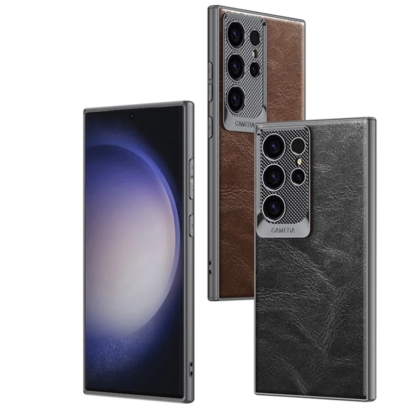 GKK For Samsung Galaxy S23 Ultra Case Waxy PU + TPU + PC Phone Back Cover Dragon Scale Design - Brown