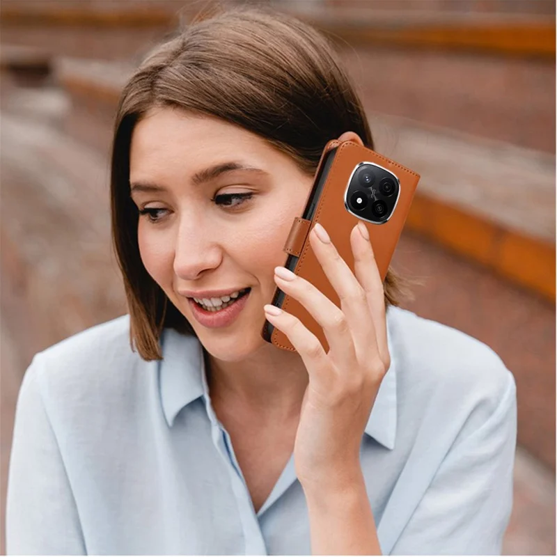 Cover a portafoglio in pelle per Xiaomi Redmi Note 14 Pro+ 5G con blocco RFID e cinturino da polso - Marrone chiaro