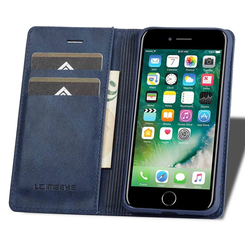 LC.IMEEKE For iPhone 7 / 8 4.7 inch / SE (2020) / SE (2022) PU Leather RFID Blocking Case Wallet Stand Auto Closing Magnetic Phone Cover - Blue