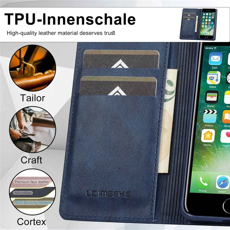LC.IMEEKE For iPhone 7 / 8 4.7 inch / SE (2020) / SE (2022) PU Leather RFID Blocking Case Wallet Stand Auto Closing Magnetic Phone Cover - Blue
