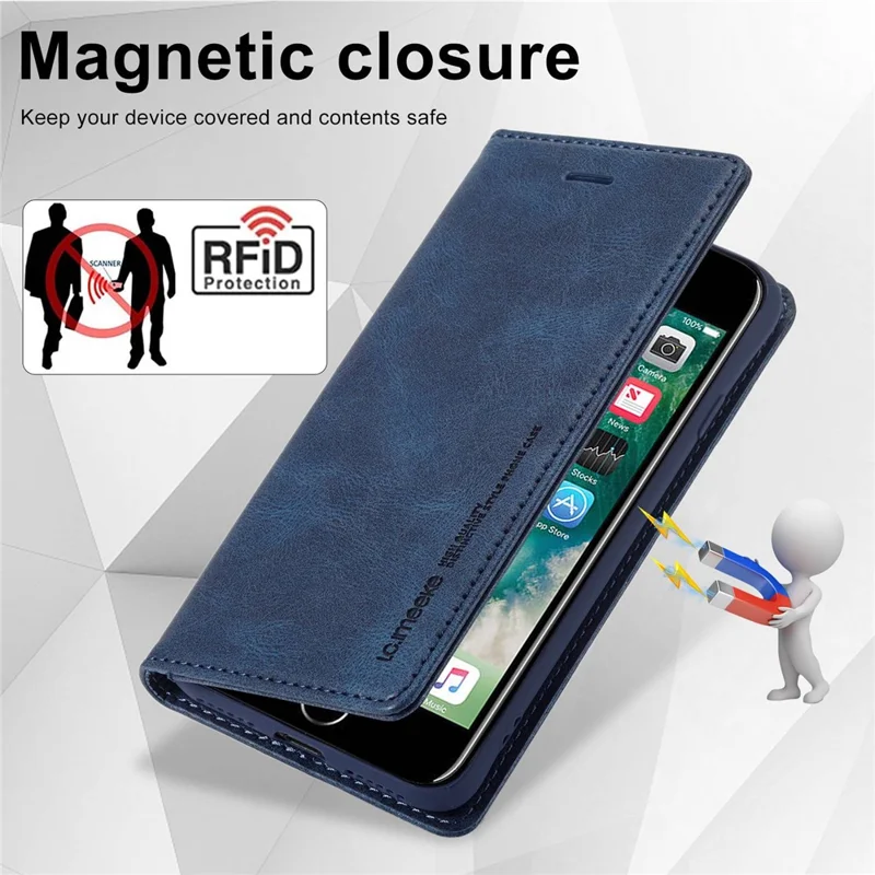 LC.IMEEKE For iPhone 7 / 8 4.7 inch / SE (2020) / SE (2022) PU Leather RFID Blocking Case Wallet Stand Auto Closing Magnetic Phone Cover - Blue