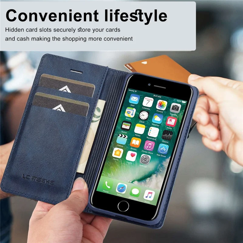 LC.IMEEKE For iPhone 7 / 8 4.7 inch / SE (2020) / SE (2022) PU Leather RFID Blocking Case Wallet Stand Auto Closing Magnetic Phone Cover - Blue