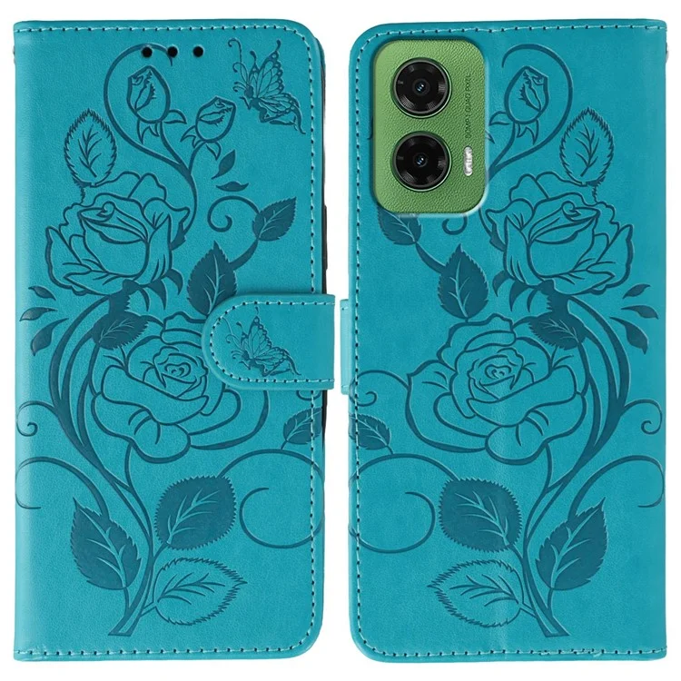 Cover a portafoglio con supporto per Motorola Moto G35 5G, con rosa e farfalla stampate, in pelle PU - Blu