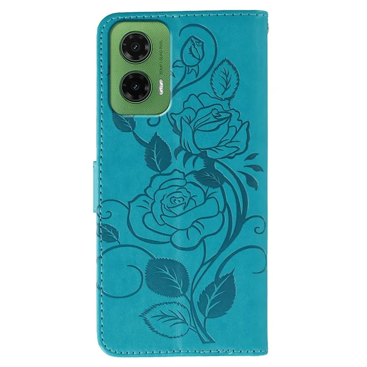 Cover a portafoglio con supporto per Motorola Moto G35 5G, con rosa e farfalla stampate, in pelle PU - Blu