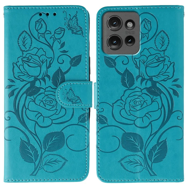 For Motorola Edge 50 Pro 5G / Edge 50 5G Case Wallet Stand Imprinted Rose Butterfly PU Leather Phone Cover - Blue