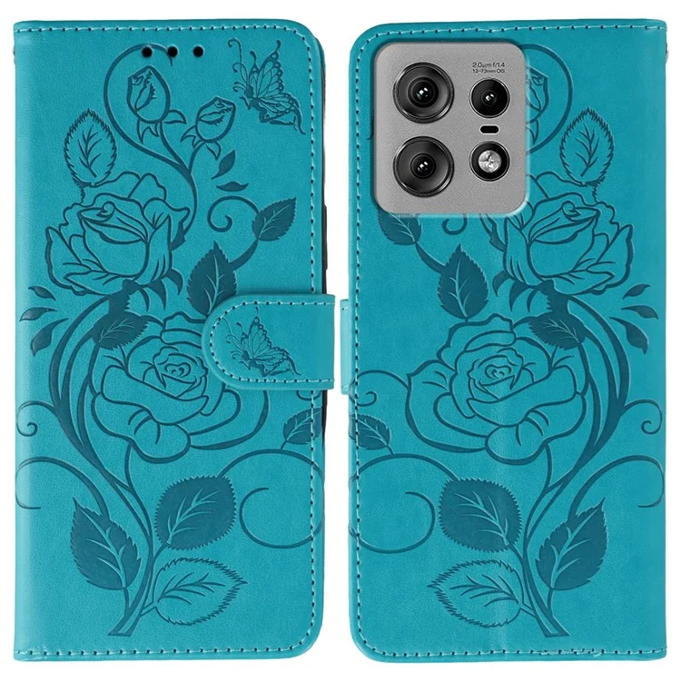 For Motorola Edge 50 Pro 5G Case Wallet Stand Imprinted Rose Butterfly PU Leather Phone Cover - Blue