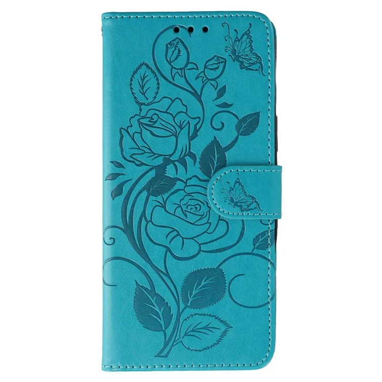 For Motorola Edge 50 Pro 5G Case Wallet Stand Imprinted Rose Butterfly PU Leather Phone Cover - Blue