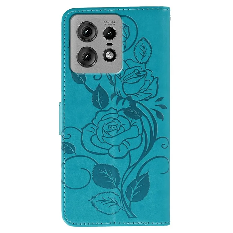 For Motorola Edge 50 Pro 5G Case Wallet Stand Imprinted Rose Butterfly PU Leather Phone Cover - Blue