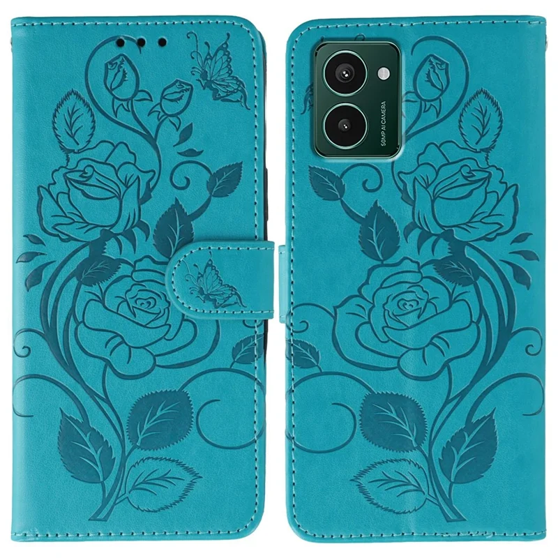 For HMD Pulse Pro Case Wallet Stand Imprinted Rose Butterfly PU Leather Phone Cover - Blue
