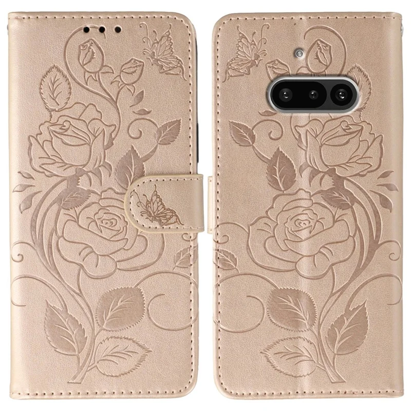 For Nothing Phone (3a) Case Wallet Stand Imprinted Rose Butterfly PU Leather Phone Cover - Rose Gold