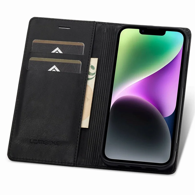 LC.IMEEKE Obudowa portfelowa z funkcją podpórki i blokadą RFID na iPhone'a 14, magnetyczna obudowa ochronna z syntetycznej skóry PU, automatycznie przyciągana - Czarny