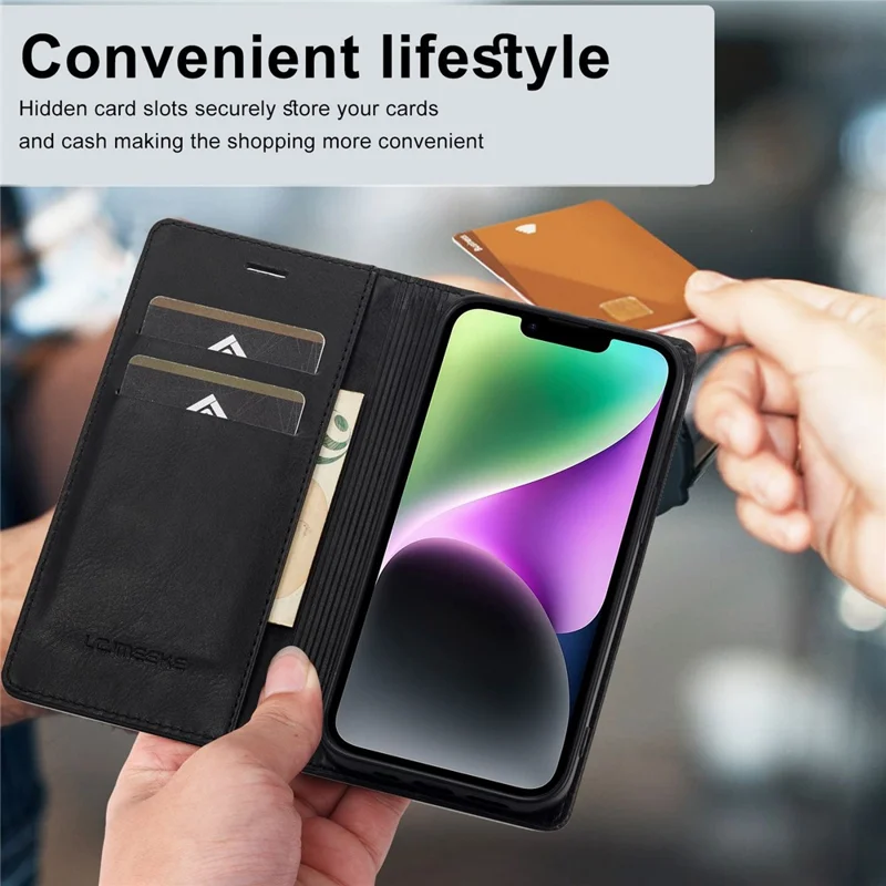 LC.IMEEKE Obudowa portfelowa z funkcją podpórki i blokadą RFID na iPhone'a 14, magnetyczna obudowa ochronna z syntetycznej skóry PU, automatycznie przyciągana - Czarny
