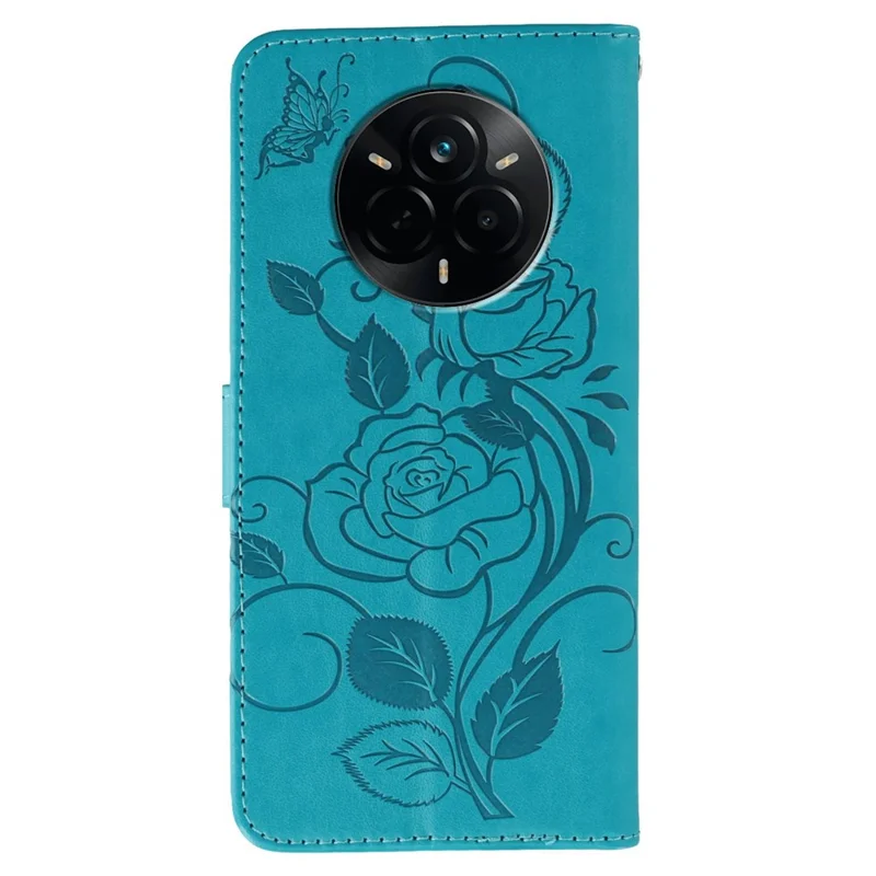 For Realme 14 Pro 5G Case Wallet Stand Imprinted Rose Butterfly PU Leather Phone Cover - Blue