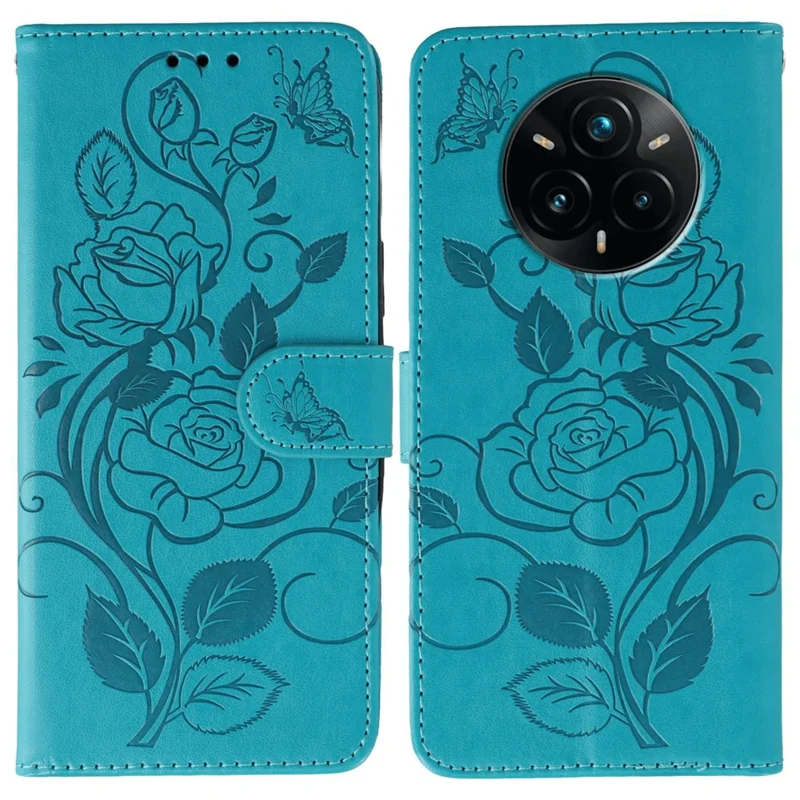 For Realme 14 Pro+ 5G Case Wallet Stand Imprinted Rose Butterfly PU Leather Phone Cover - Blue