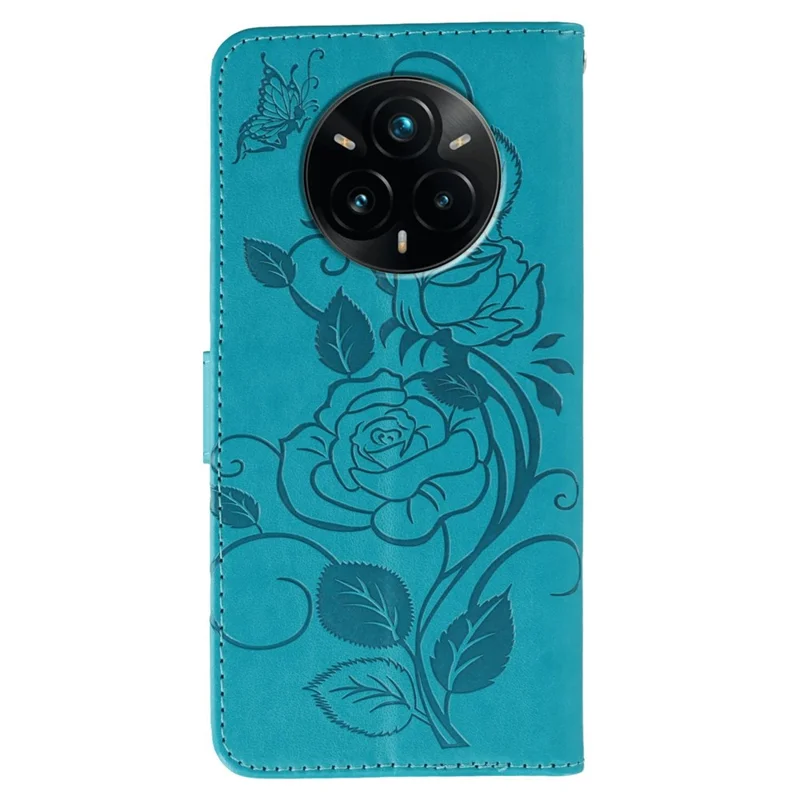 For Realme 14 Pro+ 5G Case Wallet Stand Imprinted Rose Butterfly PU Leather Phone Cover - Blue