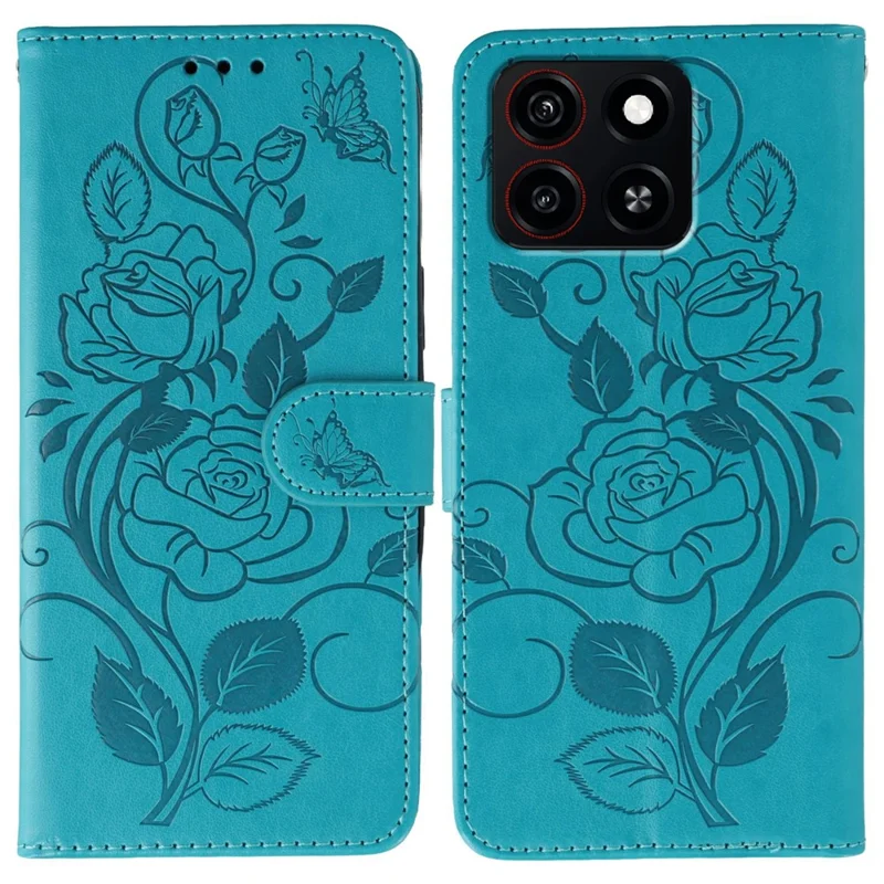 For ZTE Blade A35 Case Wallet Stand Imprinted Rose Butterfly PU Leather Phone Cover - Blue