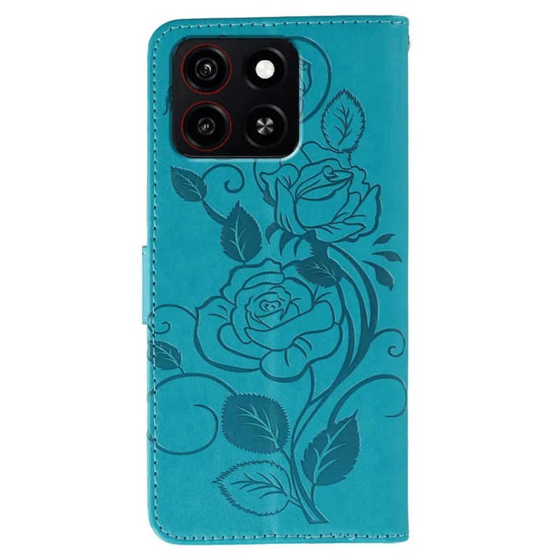 For ZTE Blade A35 Case Wallet Stand Imprinted Rose Butterfly PU Leather Phone Cover - Blue