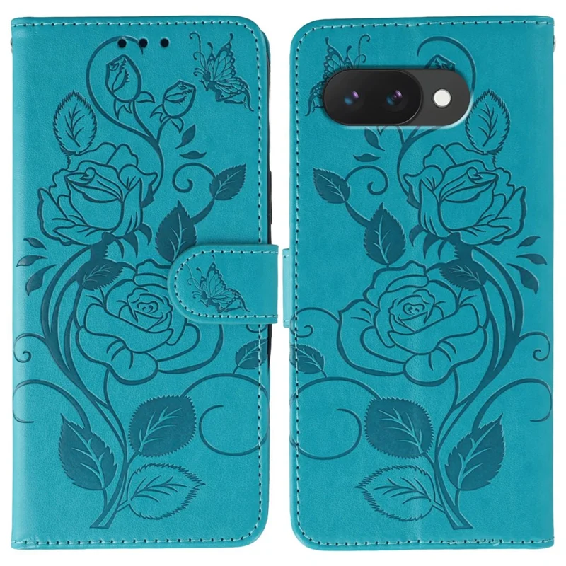 For Google Pixel 9a Case Wallet Stand Imprinted Rose Butterfly PU Leather Phone Cover - Blue