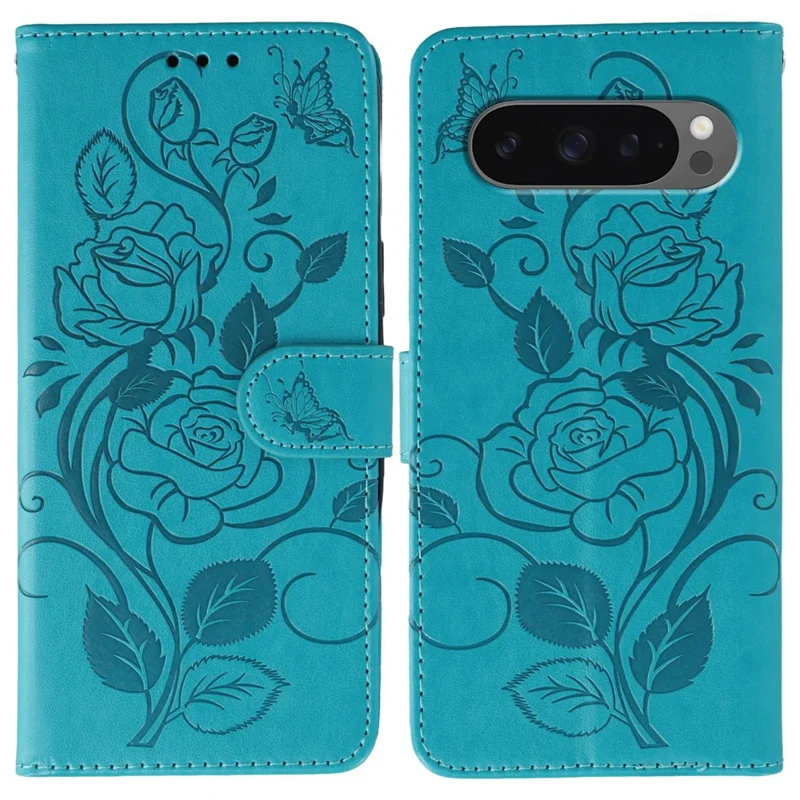 Phone Case For Google Pixel 10 / 10 Pro / 9 / 9 Pro Wallet Stand Imprinted Rose Butterfly PU Leather Cover - Blue