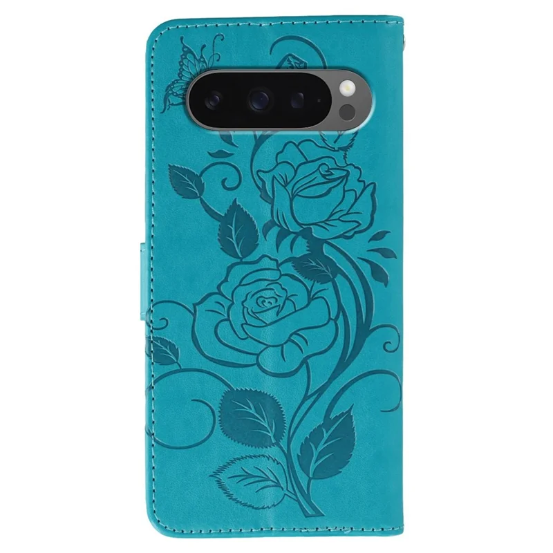 Phone Case For Google Pixel 10 / 10 Pro / 9 / 9 Pro Wallet Stand Imprinted Rose Butterfly PU Leather Cover - Blue