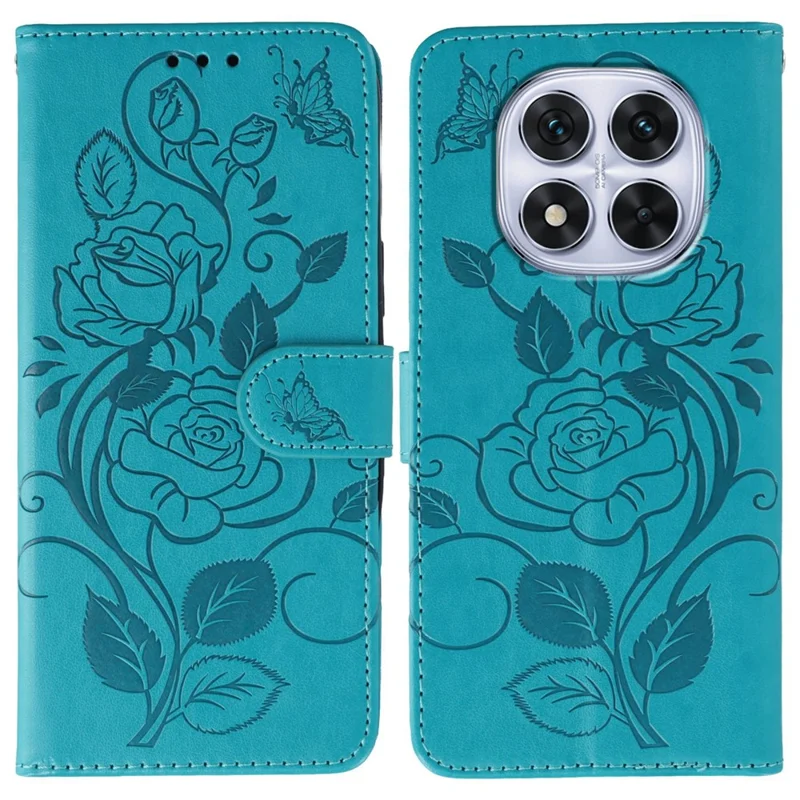 Phone Case For Xiaomi Redmi Note 14 Pro 4G / 5G / Note 14 Pro+ 5G / Poco X7 5G Wallet Stand Imprinted Rose Butterfly PU Leather Cover - Blue