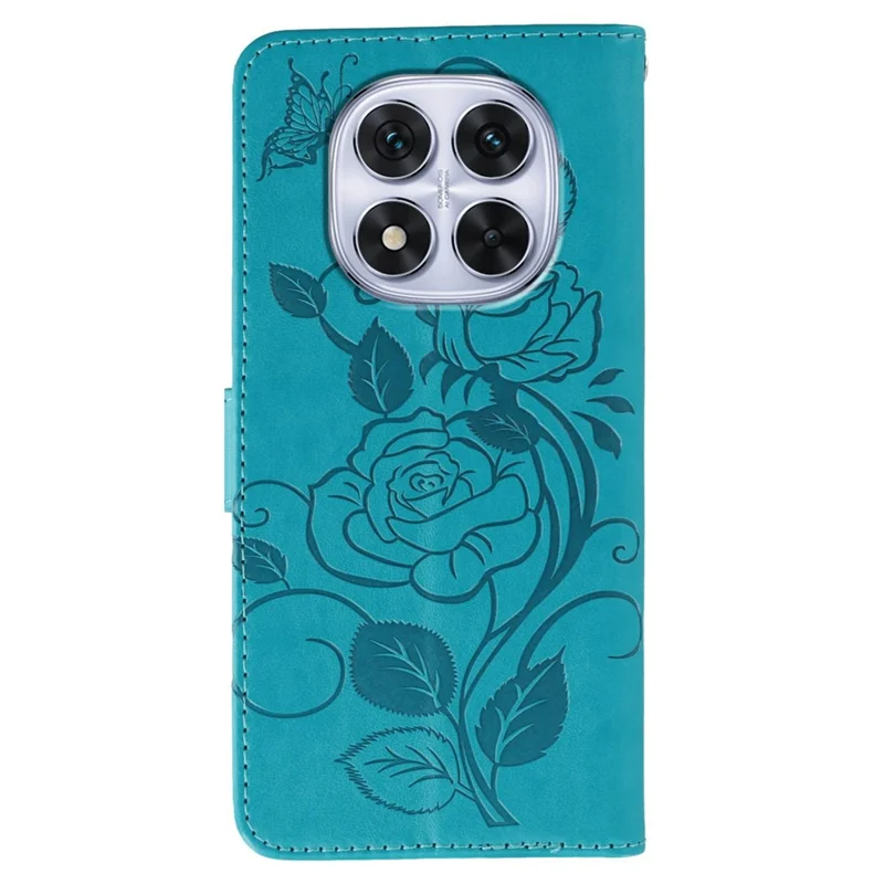 Phone Case For Xiaomi Redmi Note 14 Pro 4G / 5G / Note 14 Pro+ 5G / Poco X7 5G Wallet Stand Imprinted Rose Butterfly PU Leather Cover - Blue