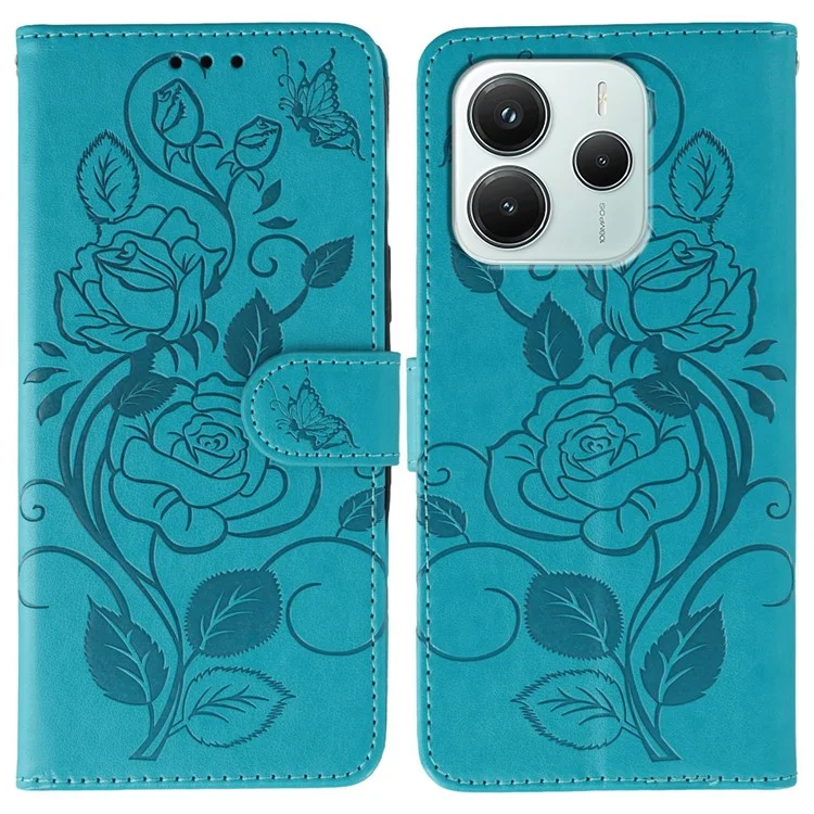 Für Xiaomi Redmi Note 14 5G / Poco M7 Pro 5G Hülle Brieftasche Ständer mit geprägtem Rosen-Schmetterling Kunstleder Handyhülle - Blau