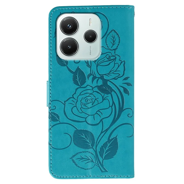 Für Xiaomi Redmi Note 14 5G / Poco M7 Pro 5G Hülle Brieftasche Ständer mit geprägtem Rosen-Schmetterling Kunstleder Handyhülle - Blau