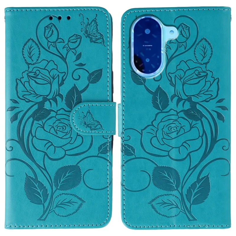 For Xiaomi Redmi A5 NFC (EU) (173.45mm) Case Wallet Stand Imprinted Rose Butterfly PU Leather Phone Cover - Blue