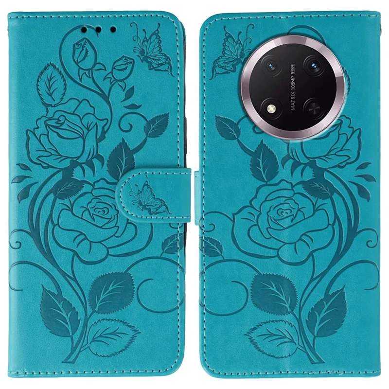 Phone Case For Honor Magic7 Lite 5G / X60 Pro 5G / X9c 5G Wallet Stand Imprinted Rose Butterfly PU Leather Cover - Blue