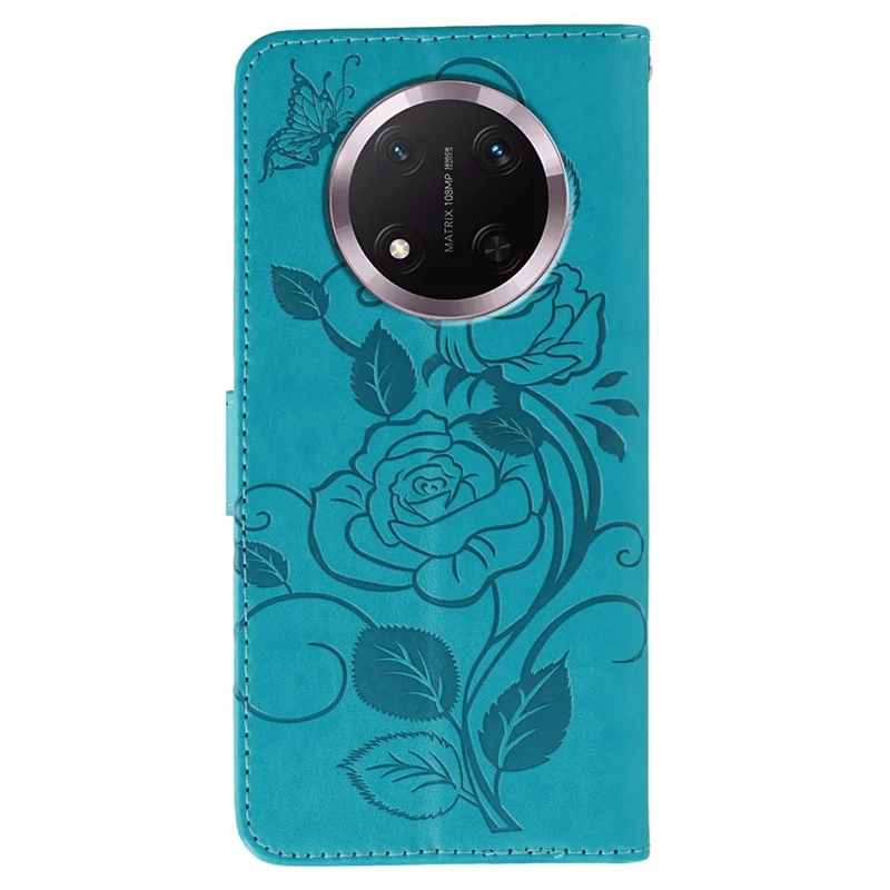 Phone Case For Honor Magic7 Lite 5G / X60 Pro 5G / X9c 5G Wallet Stand Imprinted Rose Butterfly PU Leather Cover - Blue