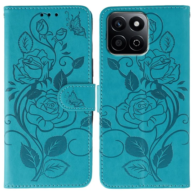Phone Case For Honor X7c 4G / 200 Smart 5G / Play 60 Plus 5G / Play 9T Wallet Stand Imprinted Rose Butterfly PU Leather Cover - Blue