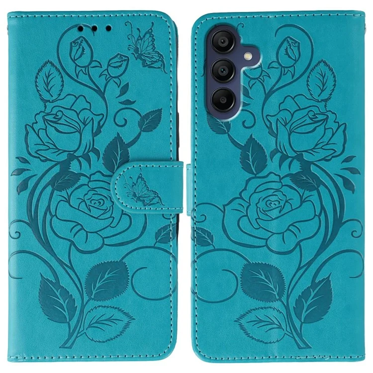 Funda tipo cartera para Samsung Galaxy A06s con soporte, diseño de Rosa y Mariposa en Cuero PU - Azul