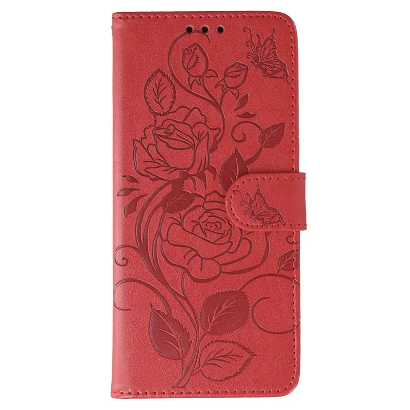 For Samsung Galaxy A06s Case Wallet Stand Imprinted Rose Butterfly PU Leather Phone Cover - Red