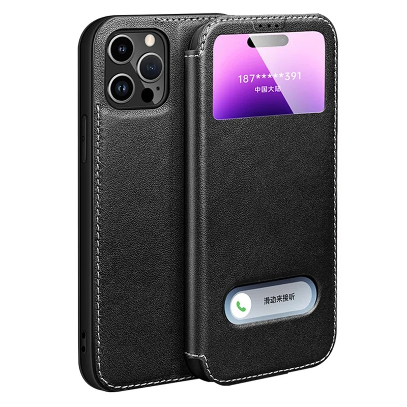 For iPhone 14 Pro Genuine Cowhide Leather Phone Case Anti-Scratch Shockproof Cover with Stand / Dual Window View - Black