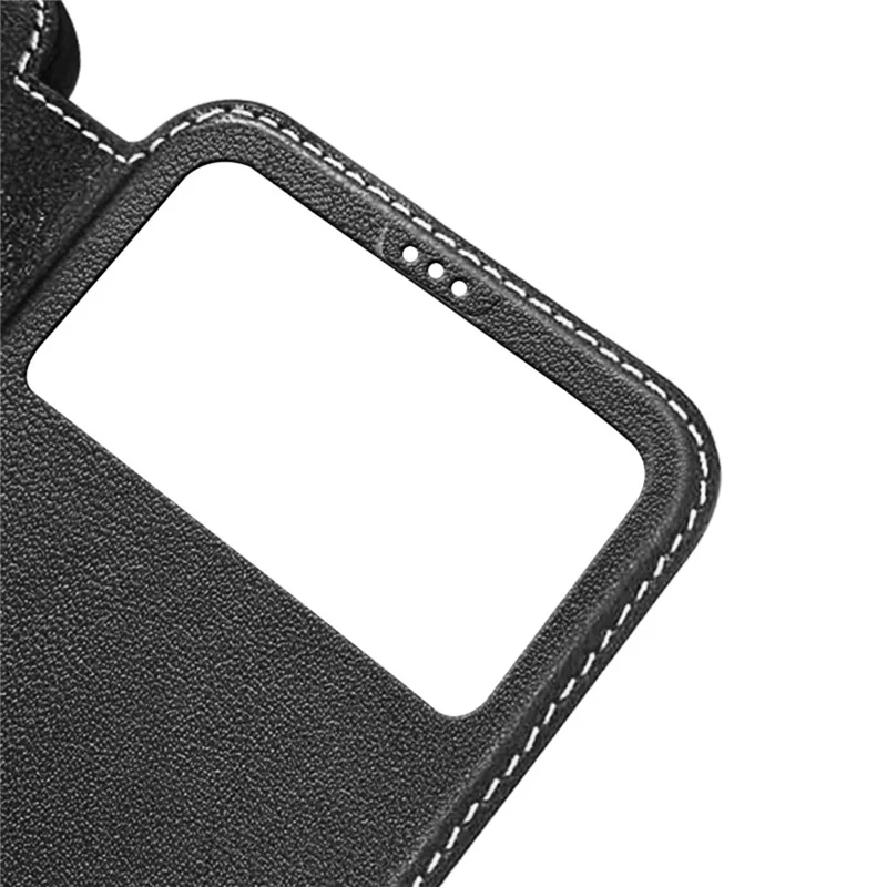 For iPhone 14 Pro Genuine Cowhide Leather Phone Case Anti-Scratch Shockproof Cover with Stand / Dual Window View - Black