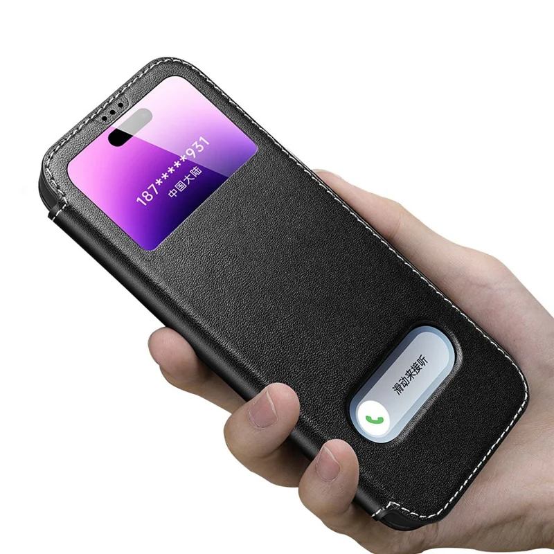 For iPhone 14 Pro Genuine Cowhide Leather Phone Case Anti-Scratch Shockproof Cover with Stand / Dual Window View - Black