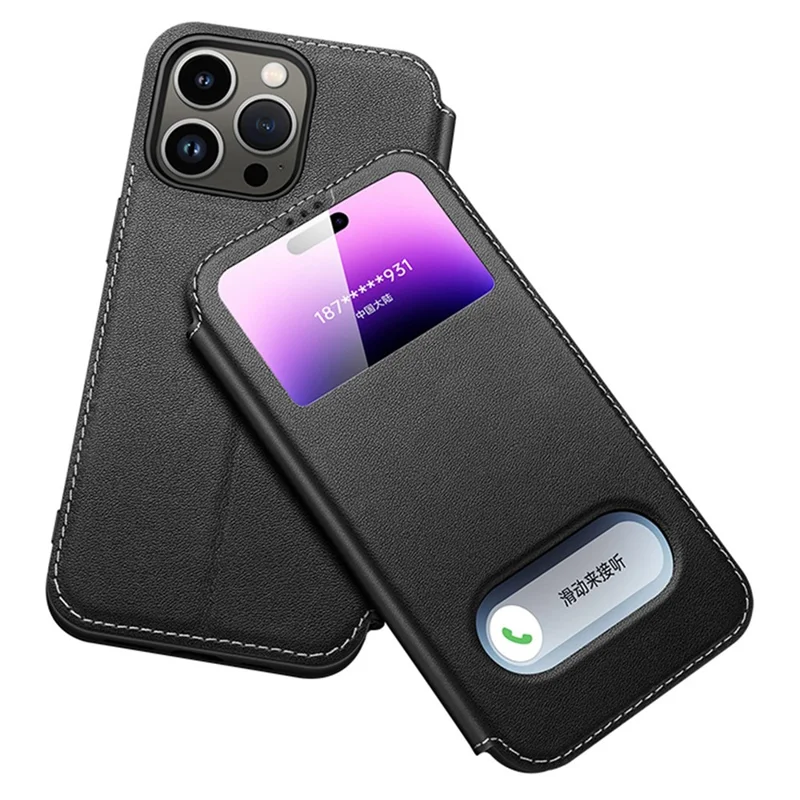 For iPhone 14 Pro Genuine Cowhide Leather Phone Case Anti-Scratch Shockproof Cover with Stand / Dual Window View - Black
