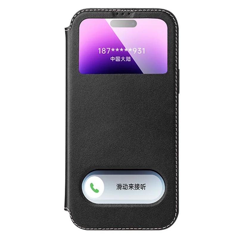 For iPhone 14 Pro Genuine Cowhide Leather Phone Case Anti-Scratch Shockproof Cover with Stand / Dual Window View - Black
