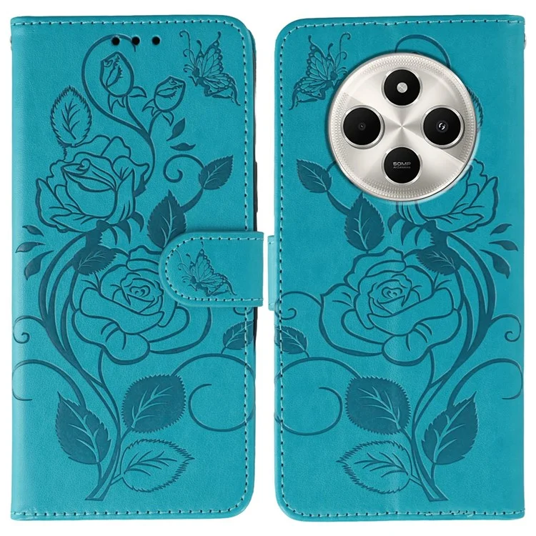 Handyhülle für Xiaomi Poco C75 4G / Redmi 14C 4G / 14R 5G Brieftaschenetui mit Ständer und geprägtem Rosen-Schmetterling-Muster aus PU-Leder - Blau