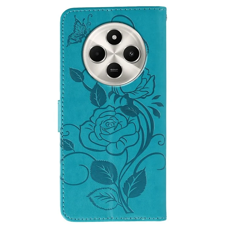 Handyhülle für Xiaomi Poco C75 4G / Redmi 14C 4G / 14R 5G Brieftaschenetui mit Ständer und geprägtem Rosen-Schmetterling-Muster aus PU-Leder - Blau