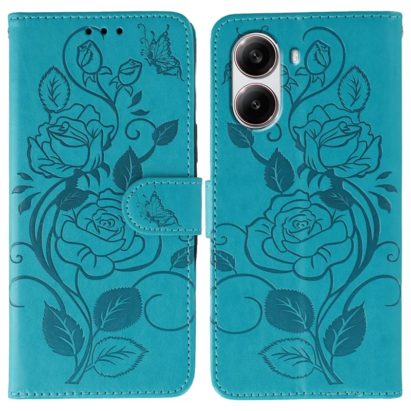 Voor Xiaomi Poco X7 Pro 5G Hoesje Portemonnee Stand Ingedrukt Roos Vlinder PU Leren Telefoonhoes - Blauw