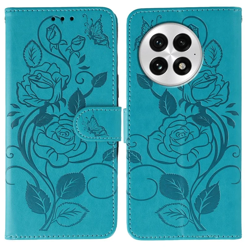 For OnePlus 13 Case Wallet Stand Imprinted Rose Butterfly PU Leather Phone Cover - Blue