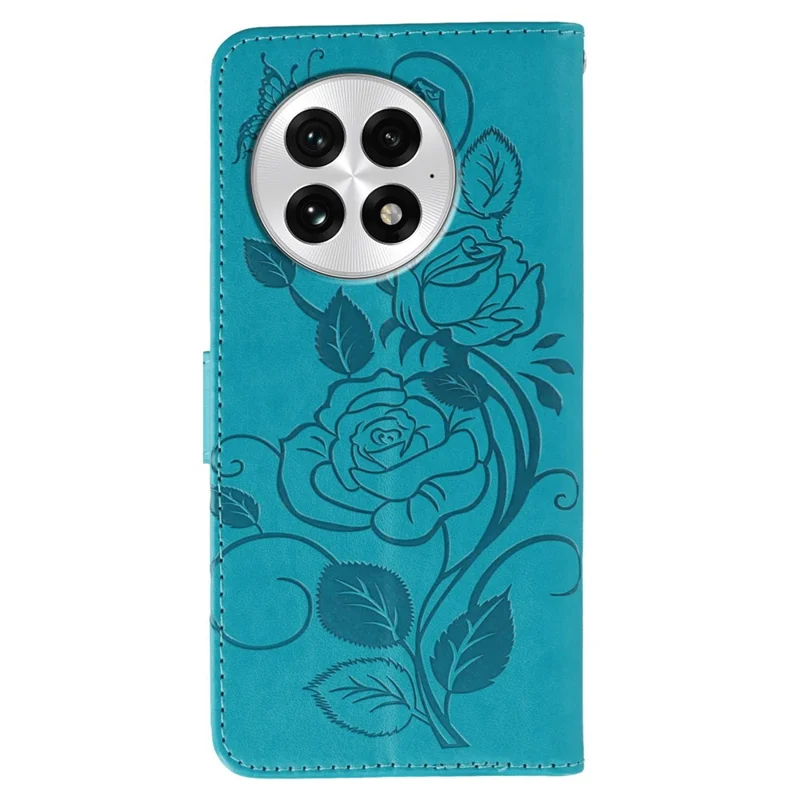 For OnePlus 13 Case Wallet Stand Imprinted Rose Butterfly PU Leather Phone Cover - Blue
