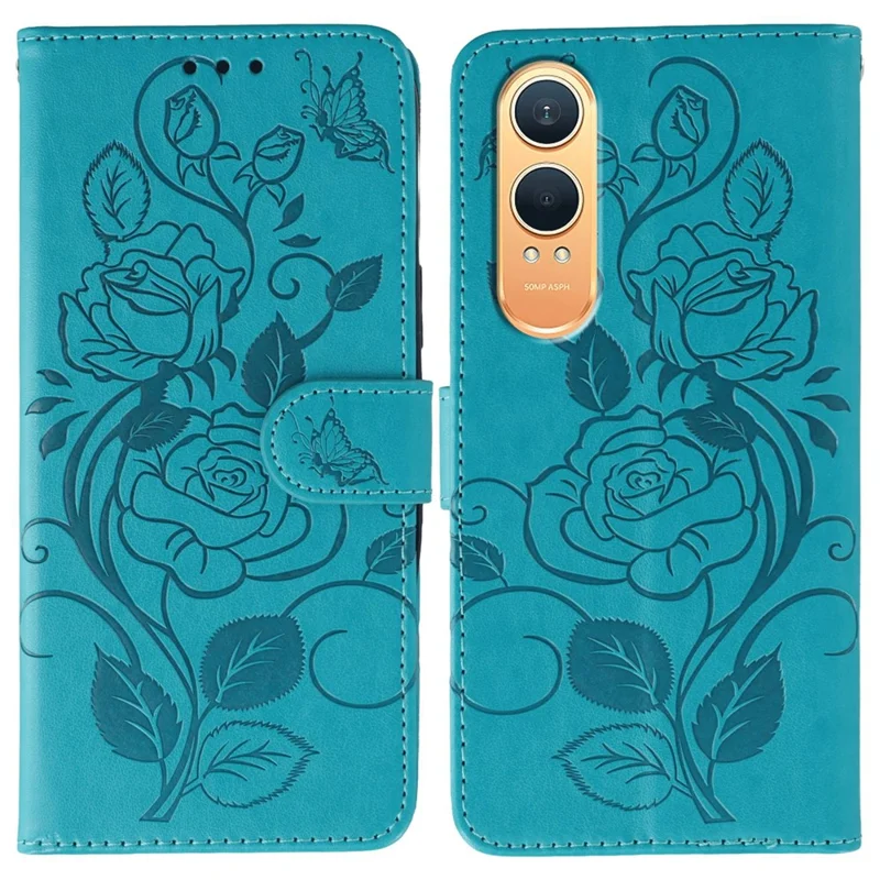 For OnePlus Nord CE4 Lite 5G Case Wallet Stand Imprinted Rose Butterfly PU Leather Phone Cover - Blue