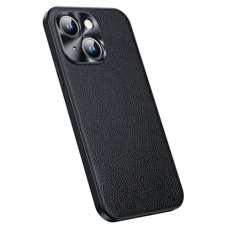 Protective Case for iPhone 14 Anti-Drop Phone Case Cowhide Leather Litchi Texture TPU Back Cover with Metal Camera Frame - Black